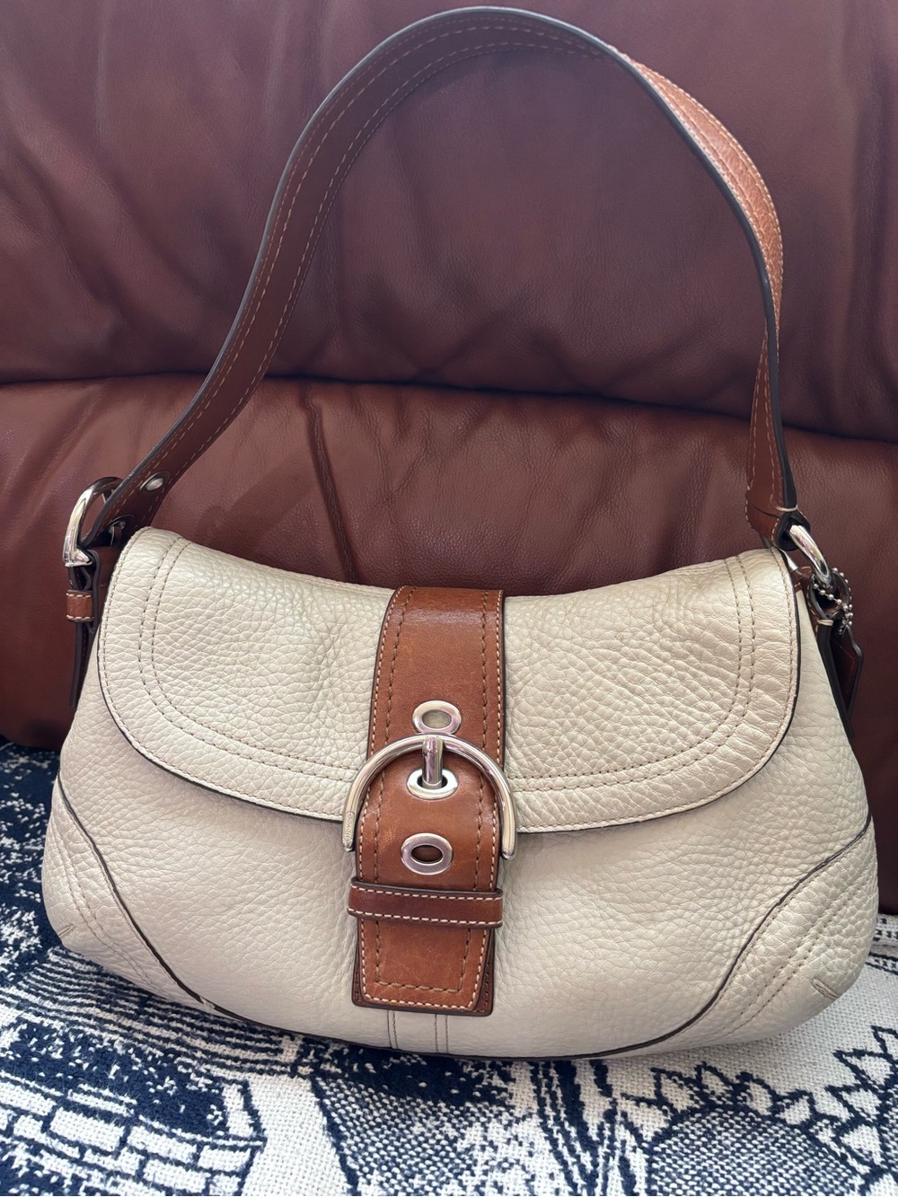 Coach SoHo Cream and Brown Leather Shoulder Bag with Buckle Accent